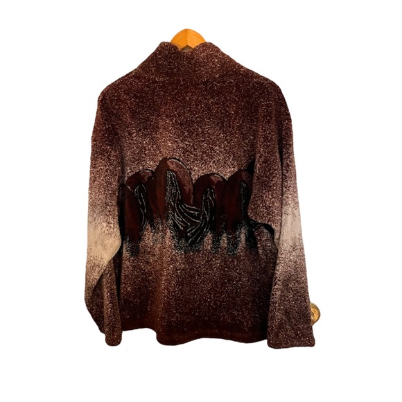 S.K. Sportswear Full Zip Fleece Sweater Mock Neck Brown Horse Themed Large - Picture 2 of 7